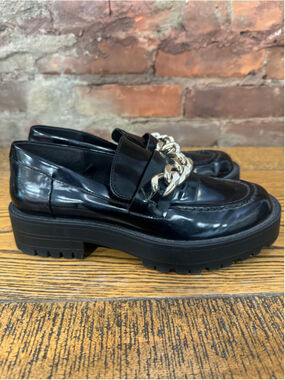 ZARA Black Patent Lug Sole Chain Loafers Platform Chunky Oxfords Shoes 36 6 Y2K